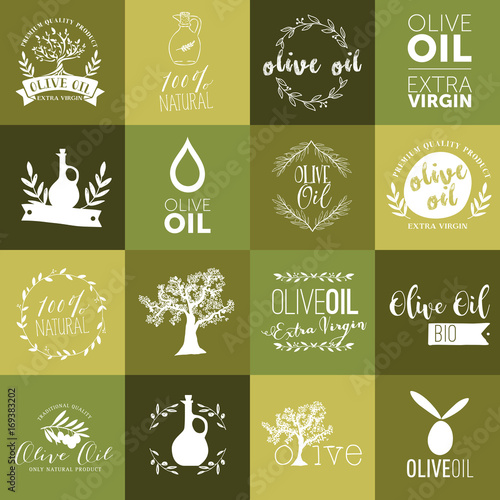 Set of olive oil labels, badges and logos for design. Vector illustration.