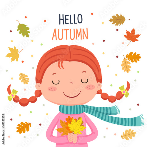 Girl holding autumn leaves. Hello autumn illustration