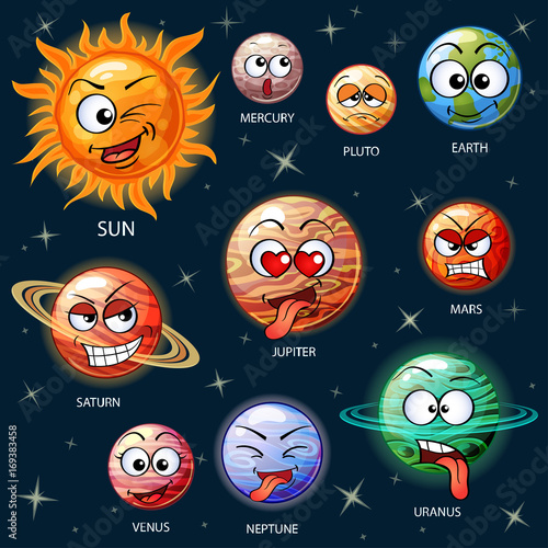 Cute cartoon planets of the solar system. Sun, Mercury, Venus, Earth, Mars, Jupiter, Saturn, Uranus, Neptune, Pluto