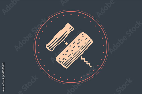 Icon of Corkscrew in circle on colorful background. Logo template for bar, cafe, restaurant in food and wine theme. Logo, signs, labels, identity, badges for business brands. Vector Illustration