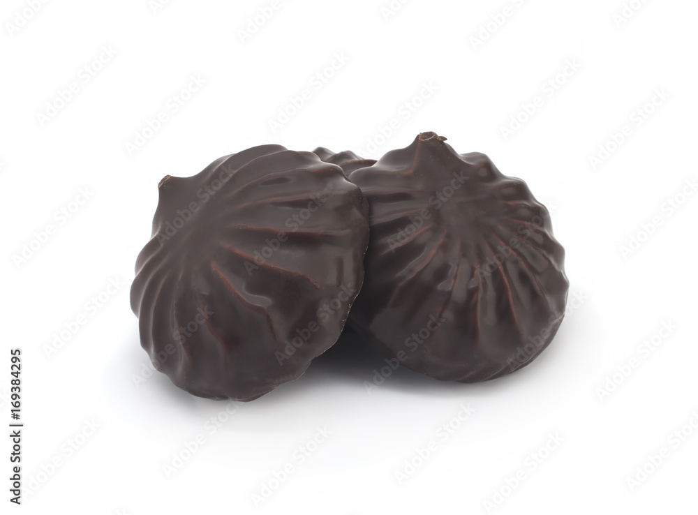 chocolate covered marshmallows on white background chocolate covered marshmallows on white background