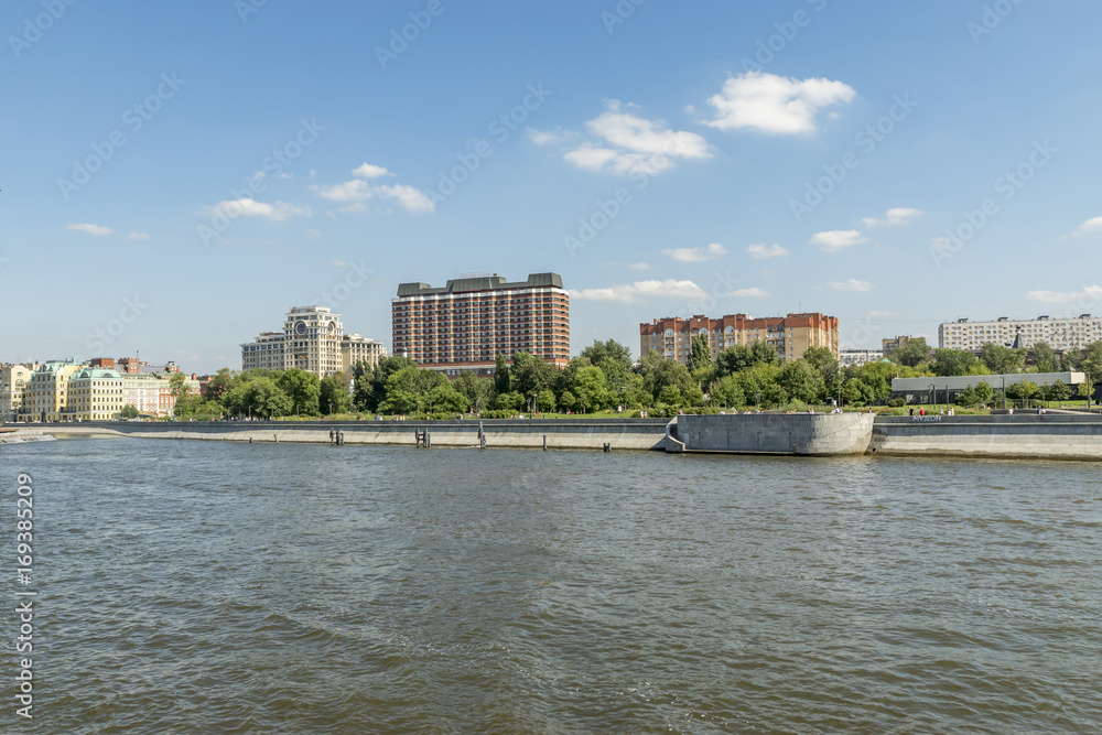  View of Embankment of Moscow river and floating passenger boats