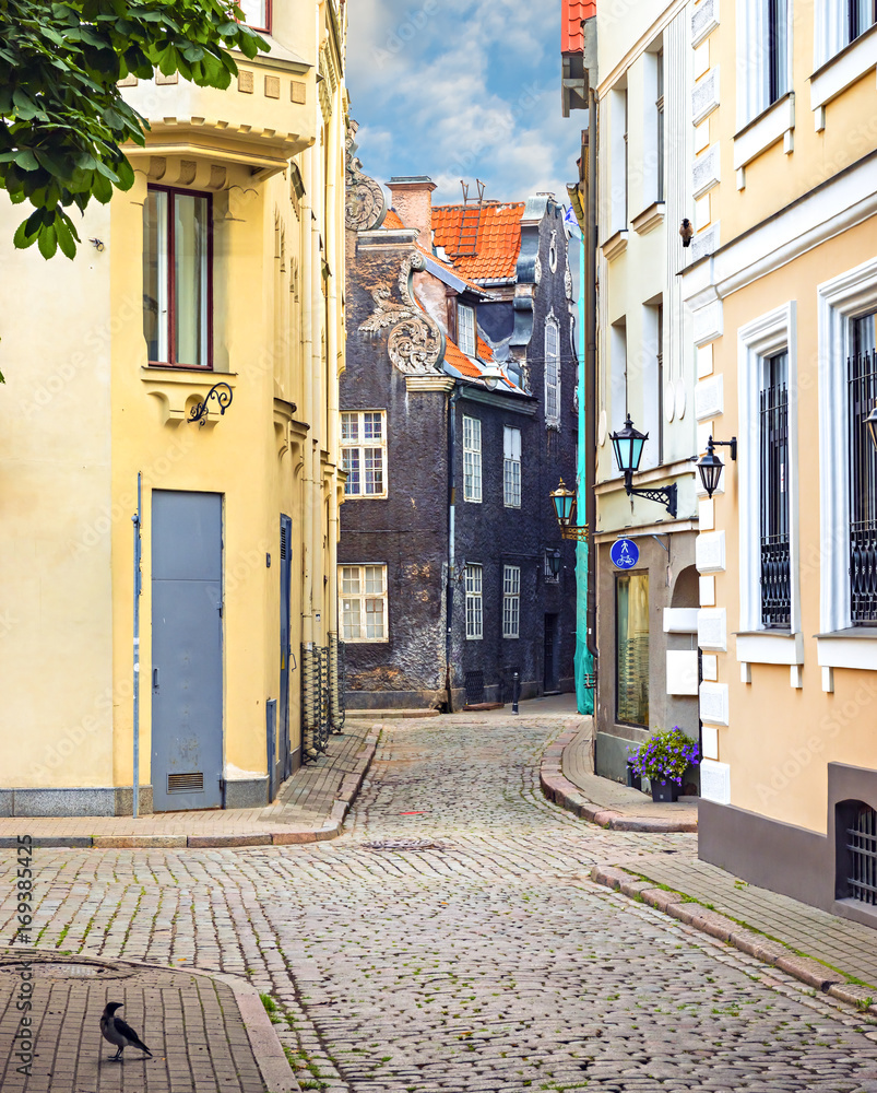 Morning in medieval street in old city of Riga, Latvia, Europe. 