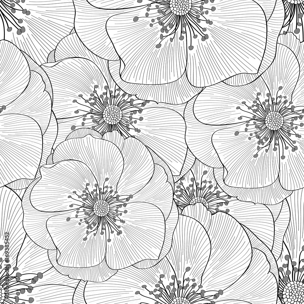 Beautiful abstract seamless hand drawn floral pattern with roses flowers. Vector illustration. Element for design.