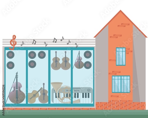 Architecture facade of a music house. Vector illustration background