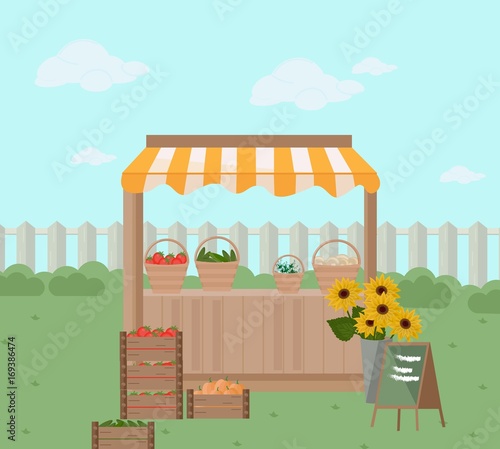 Fresh Grocery on a farm shelf store. Vector illustration