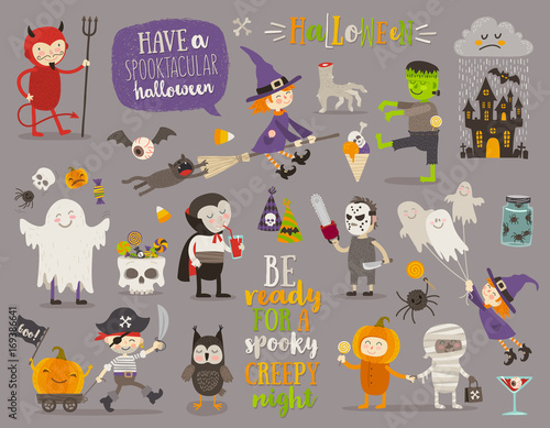Set of halloween sign, symbol, objects, items and cartoon characters. Vector illustration.