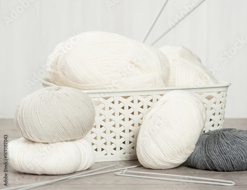 Natural Wool Yarn Balls. Knitting Needles.