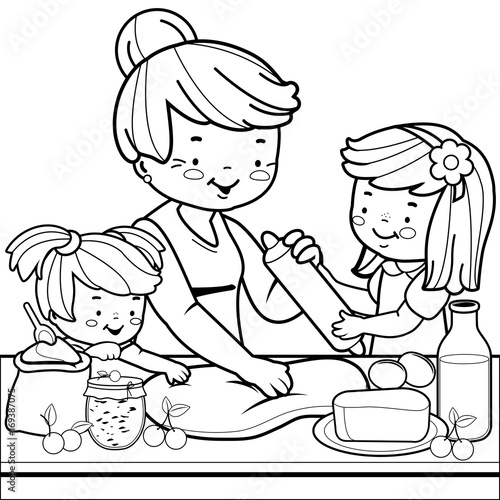 Grandmother and children cooking in the kitchen. Vector black and white coloring page.	