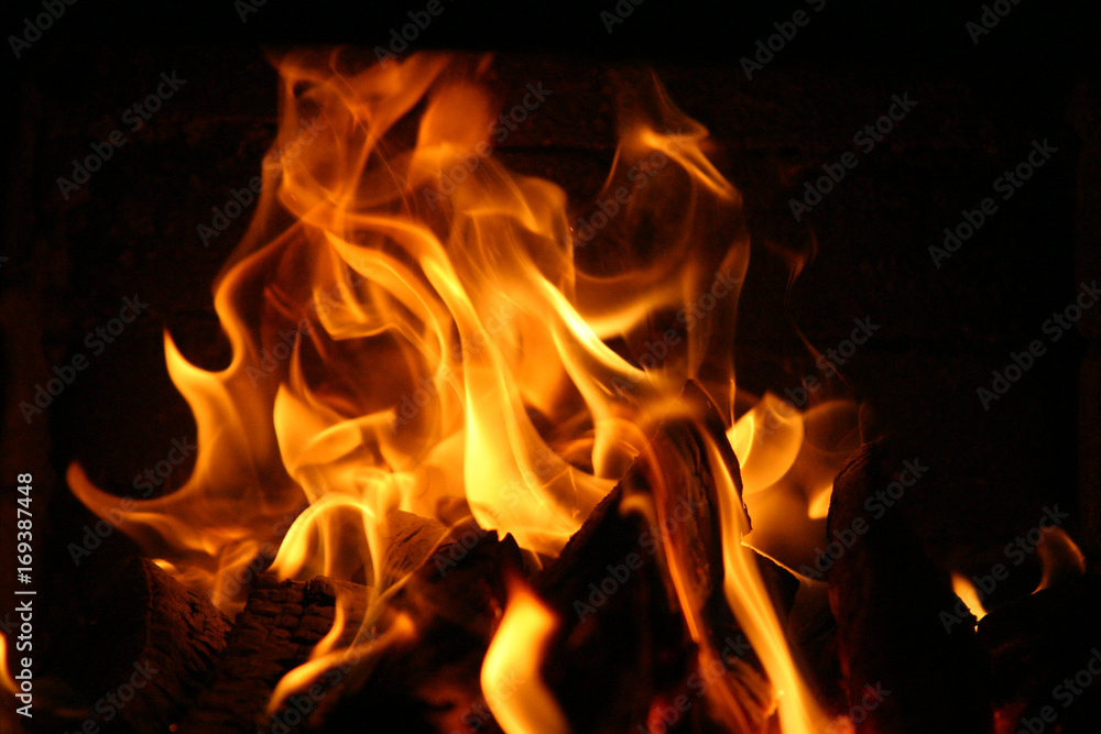 Fire burning inside a brick stove - wood, ash, flames. Fire burning inside a brick stove - wood, ash, flames.