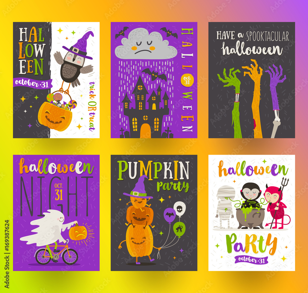 Fototapeta premium Set of Halloween posters or greeting card with cartoon characters, holiday sign, symbols and type design. Vector illustration.