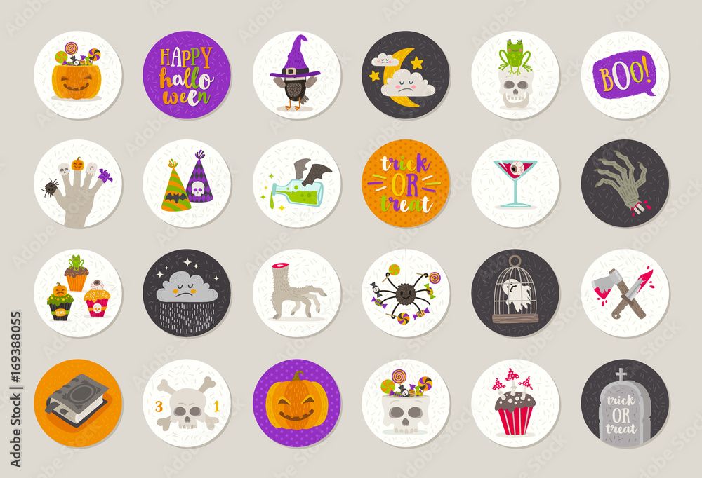 Set of Halloween gift tags and labels with holiday greetings, objects, sign and symbol. Vector illustration.
