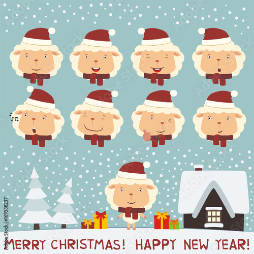 Merry christmas and Happy new year! Set face sheep for christmas and new year design. Collection isolated heads of sheep in cartoon style.
