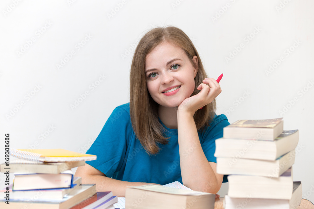 Cute white girl smiling happy to study, enjoy Cute white girl smiling happy to study, enjoy