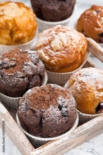 delicious muffins on a wooden tray, vertical, top view