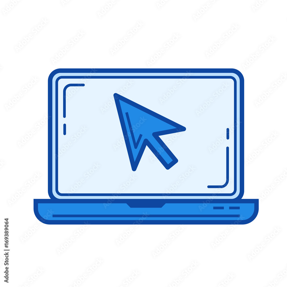 Laptop cursor vector line icon isolated on white background. Laptop cursor line icon for infographic, website or app. Blue icon designed on a grid system. Laptop cursor vector line icon isolated on white background. Laptop cursor line icon for infographic, website or app. Blue icon designed on a grid system.