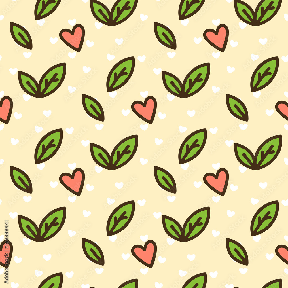 Cute seamless pattern with leaves and heart on a yellow background. It can be used for packaging, wrapping paper, textile and etc. Cute seamless pattern with leaves and heart on a yellow background. It can be used for packaging, wrapping paper, textile and etc.