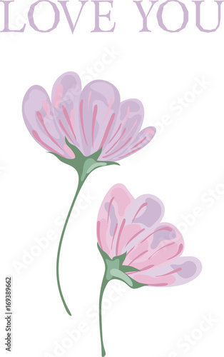 Vector illustration of two isolated pink flowers and the words  love you 