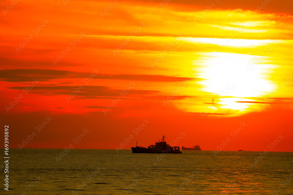 Sunset on beach Maasvlakte, port of Rotterdam