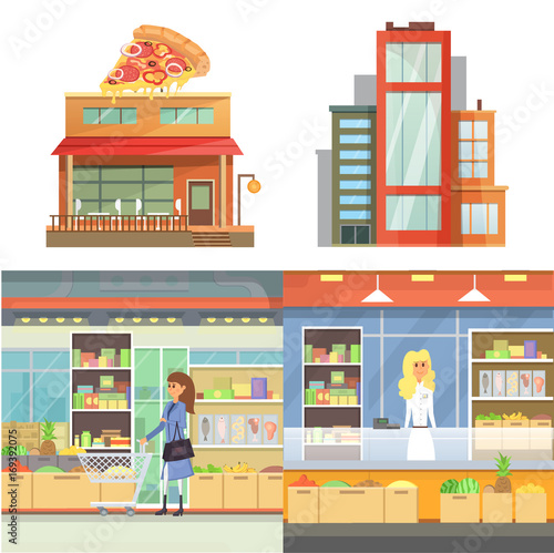 Fototapeta Naklejka Na Ścianę i Meble -  Different stores buildings. supermarket set flat isolated vector illustration.