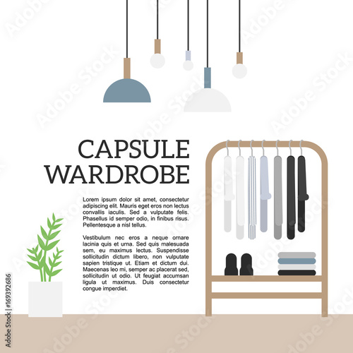 Vector illustration about capsule wardrobe. Modern flat picture of wooden cloth rack in minimalistic room with flower in a pot. Scandinavian design on white isolated background.