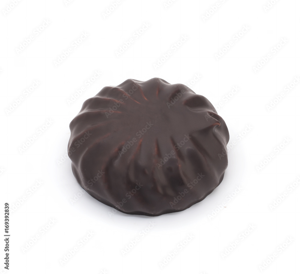 one chocolate covered marshmallows, part of one bitten off, isolated on white background one chocolate covered marshmallows, part of one bitten off, isolated on white background