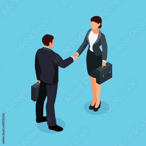 Isometric businessmen shake hands.