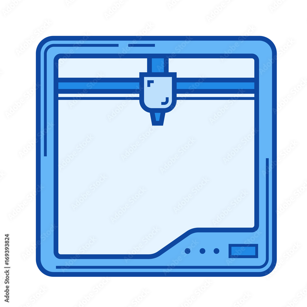 Three D printer vector line icon isolated on white background. Three D printer line icon for infographic, website or app. Blue icon designed on a grid system. Three D printer vector line icon isolated on white background. Three D printer line icon for infographic, website or app. Blue icon designed on a grid system.