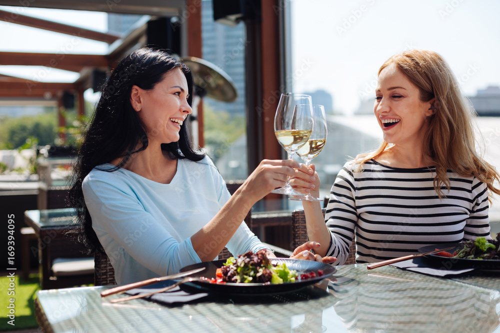 Positive joyful women clinking their glasses