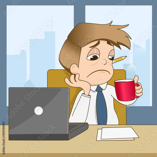 Boring businessman drink coffee in office - vector illustration