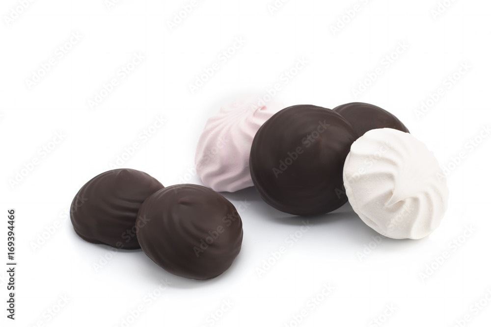 Marshmallow in chocolate on a white background Marshmallow in chocolate on a white background