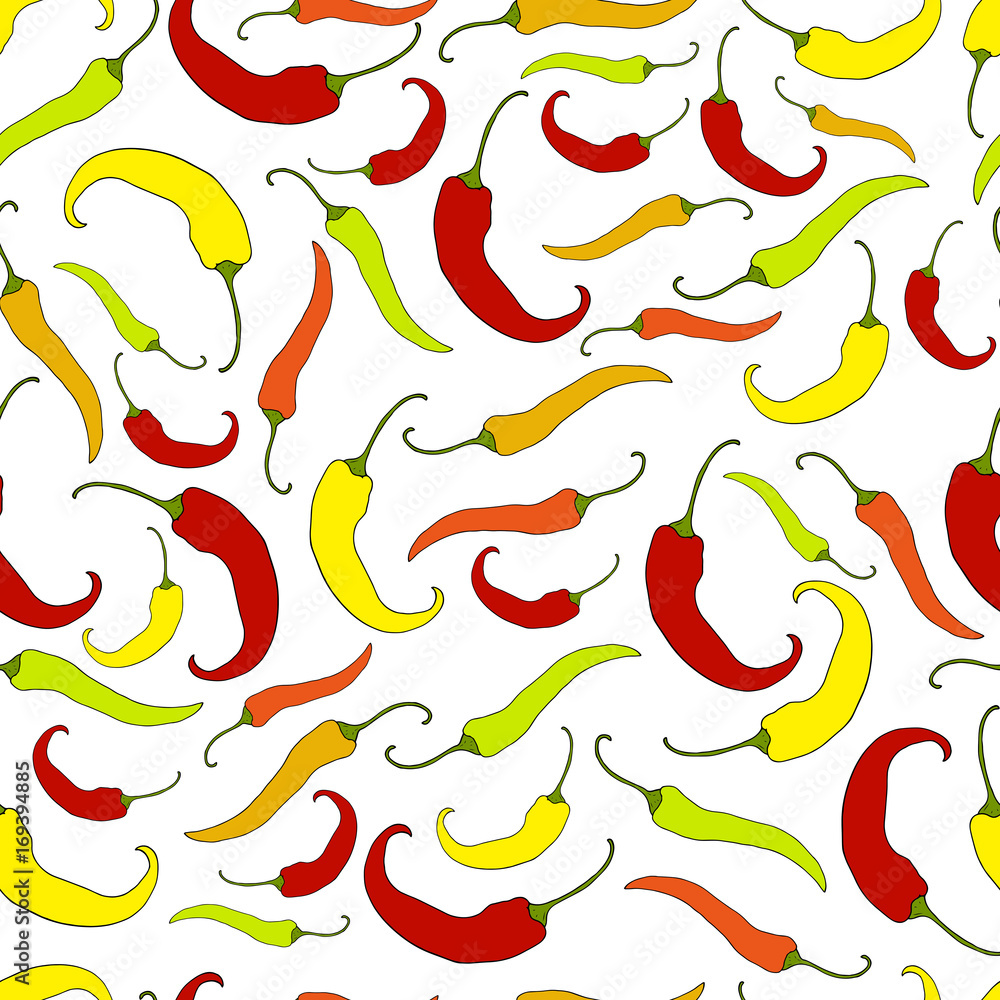 Bright, ripe, hot chilli, yellow orange red green vegetable, realistic sketch style, seamless vegetable pattern, on a white background.