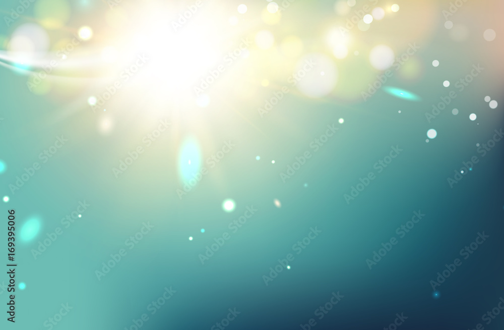 Golden festive lights background. Bright glitter particles effect. Abstract explosion effect over blue background. Vector illustration.