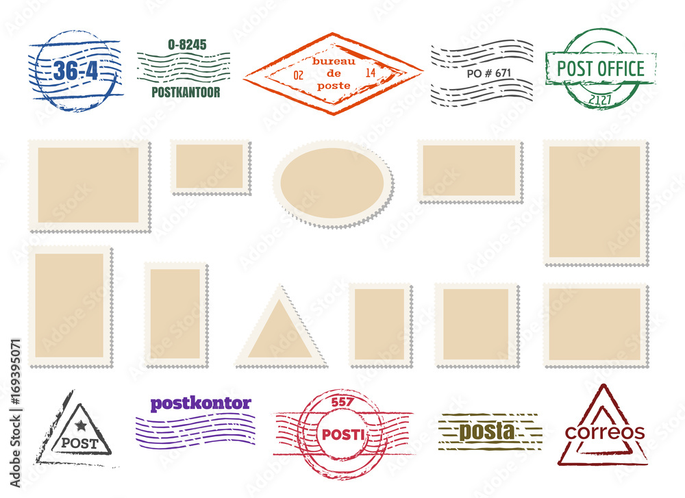 Blank postage stamp frames and post rubber mailing labels isolated on