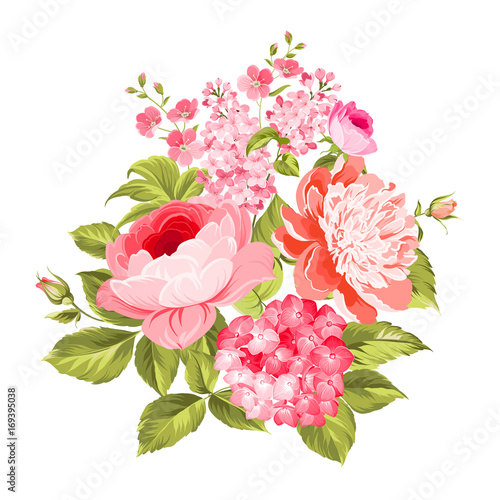Summer flowers bouquet of color bud garland. Vector illustration.