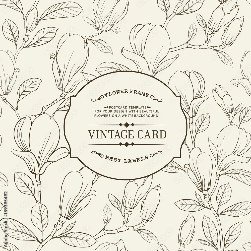 Fototapeta premium Invitation card with flowers. Blossom magnolia for you personal cover. Magnolia pattern. Floral theme for book cover. Botanical texture illustration in style of engraving. Vector illustration.