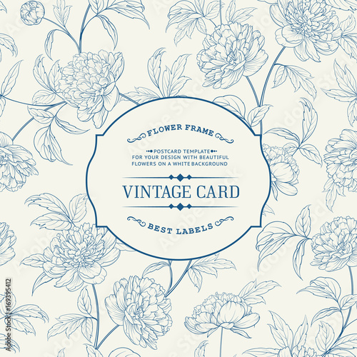 Invitation card with flowers. Blossom design for you personal cover. Peony pattern. Floral theme for book cover. Botanical texture illustration in style of engraving. Vector illustration.