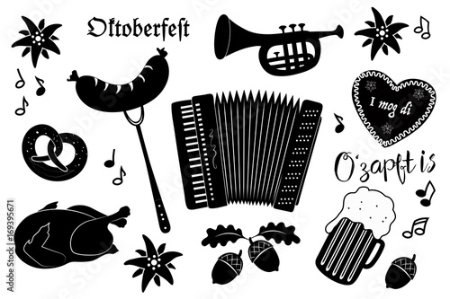 Oktoberfest Symbole Sammlung
Oktoberfest Set in schwarz-weiß
Bierflasche Hintergrund 
Vektor Illustration isoliert auf weißem Hintergrund
