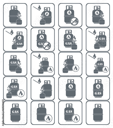 Set of camping stove and gas bottle icons. Vector illustration.
