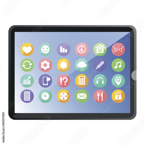 Vector drawing illustration of a tablet, with flat design, modern icons