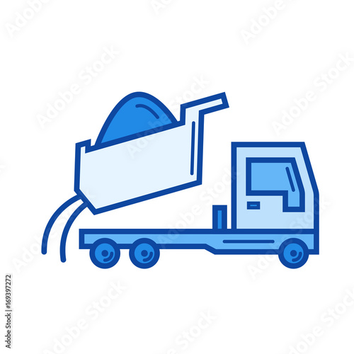 Dump truck vector line icon isolated on white background. Dump truck line icon for infographic, website or app. Blue icon designed on a grid system.