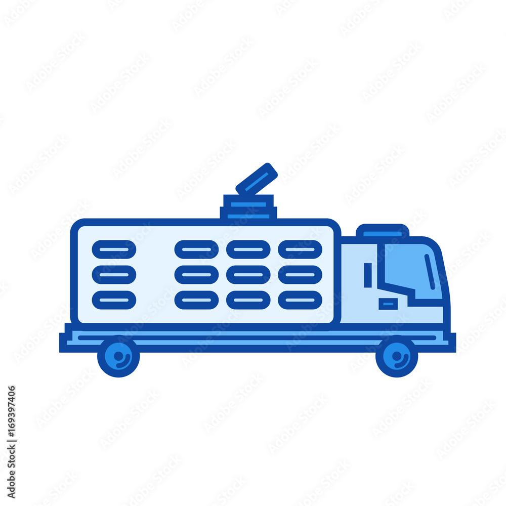 Garbage truck vector line icon isolated on white background. Garbage truck line icon for infographic, website or app. Blue icon designed on a grid system. Garbage truck vector line icon isolated on white background. Garbage truck line icon for infographic, website or app. Blue icon designed on a grid system.