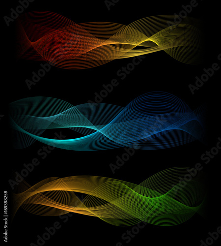 Dark light speed sound waves abstract vector background. Rainbow lines spectrum wave flow smoke on black
