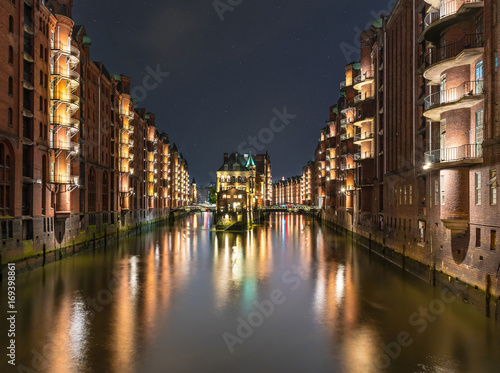 old warehouse district Speicherstadt in Hamburg  Germany illuminated at night