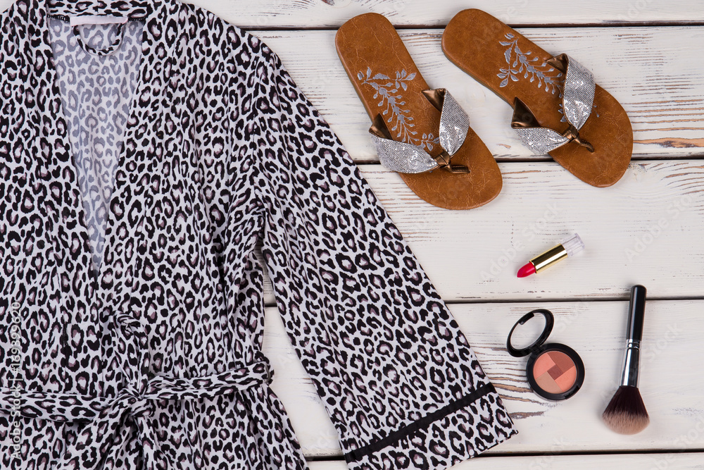 Fototapeta premium Home bathrobe, flip flops, cosmetics.