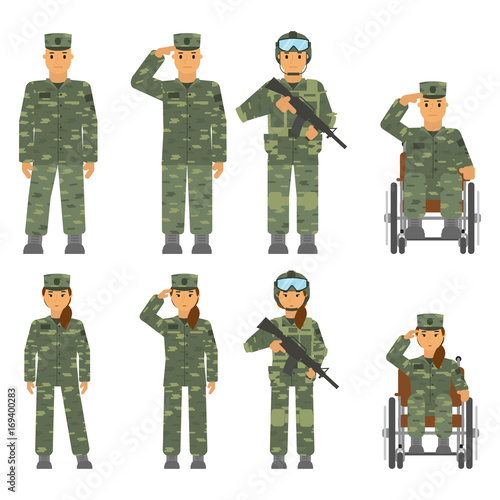 Vector set of soldier man, woman isolated on white background