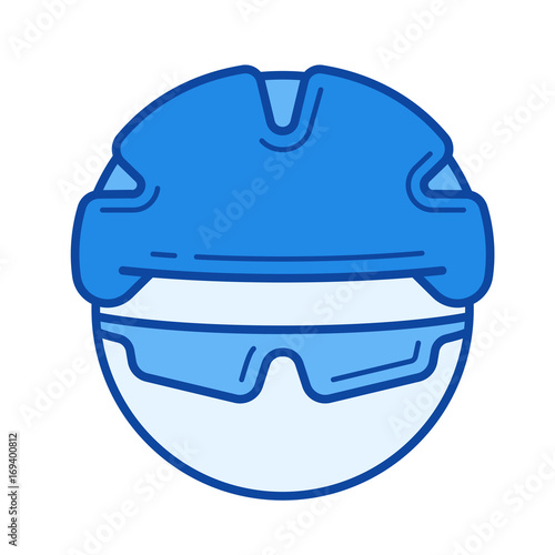 Bicycle helmet vector line icon isolated on white background. Bicycle helmet line icon for infographic, website or app. Blue icon designed on a grid system.