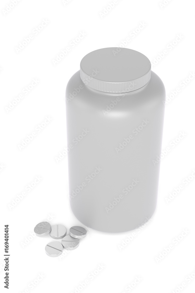 3D realistic render of plastic container for drugs with pile of tablets on ground. Isolated on white background with shadows. Template for your design. 3D realistic render of plastic container for drugs with pile of tablets on ground. Isolated on white background with shadows. Template for your design.