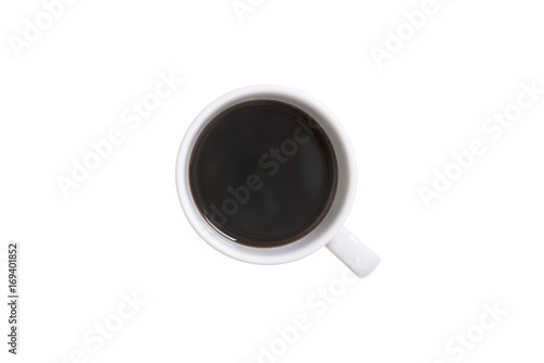 Top view flat lay of coffee cup isolated on white background.