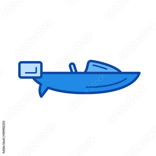 Speed boat vector line icon isolated on white background. Speed boat line icon for infographic, website or app. Blue icon designed on a grid system.